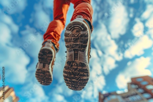 A pair of shoes hangs precariously from the side of a building, abandoned and forgotten photo