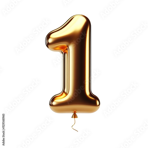 Golden Number 1 Balloon, Shiny metallic foil balloon shape party decoration, isolated on transparent cutout PNG