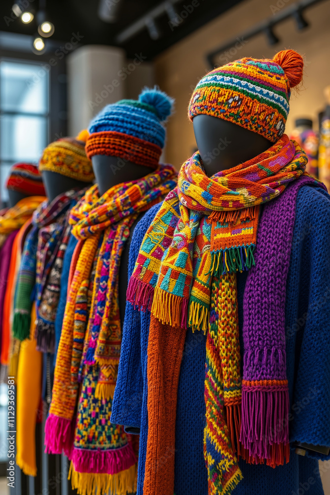 A row of colorful scarves and hats on display in a store A row of colorful scarves and hats on display in a store