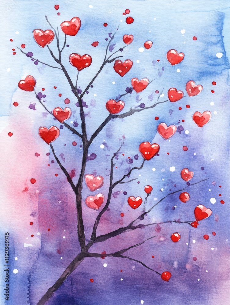 A vibrant painting of a tree adorned with red hearts, beautifully shaped to celebrate love and affection, perfect for Valentine's Day. A vibrant painting of a tree adorned with red hearts, beautifully shaped to celebrate love and affection, perfect for Valentine's Day.
