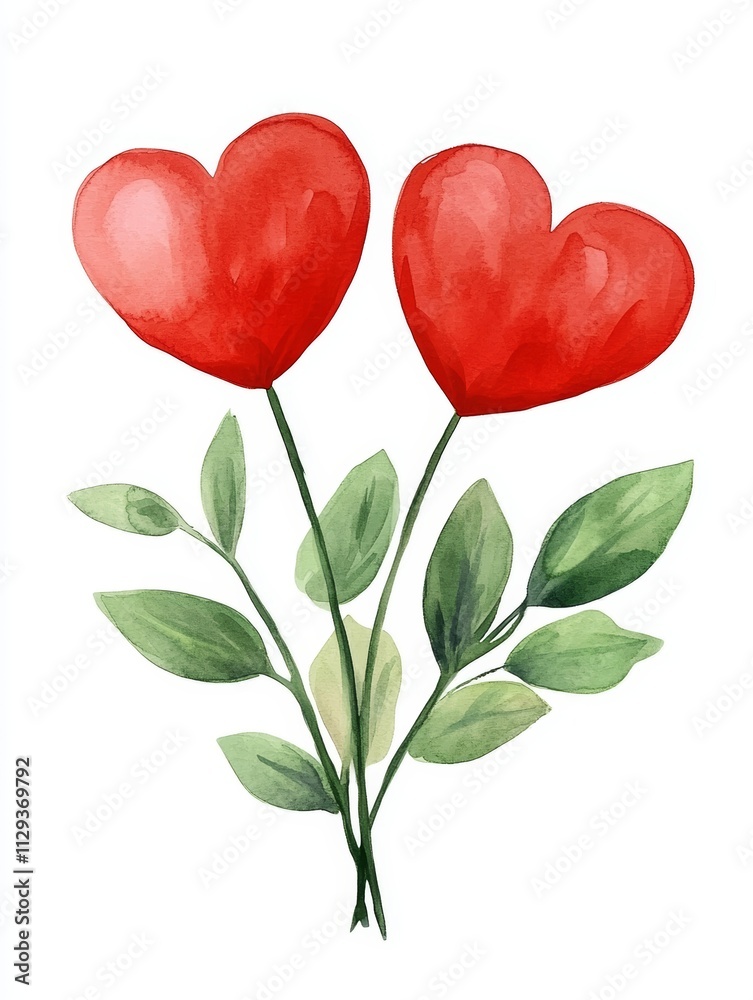 Two vibrant red flowers with lush green leaves stand out against a clean white background, symbolizing love and beauty for Valentine's Day. Two vibrant red flowers with lush green leaves stand out against a clean white background, symbolizing love and beauty for Valentine's Day.