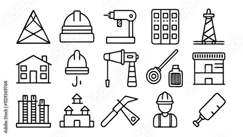 Construction & Building related icon editable stroke outline  set of different types small icons isolated on white background flat vector illustration
