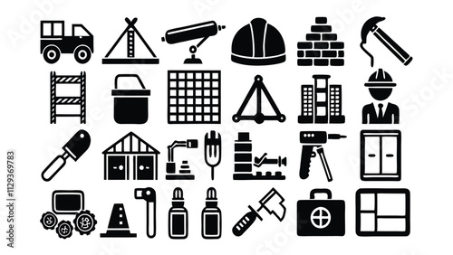 Construction & Building related icon editable stroke outline  set of different types small icons isolated on white background flat vector illustration