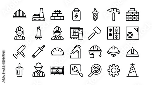 Construction & Building related icon editable stroke outline  set of different types small icons isolated on white background flat vector illustration