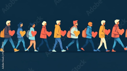 A cheerful group of individuals strolls together, each carrying vibrant heart-shaped bags, celebrating the spirit of love and Valentine's Day.