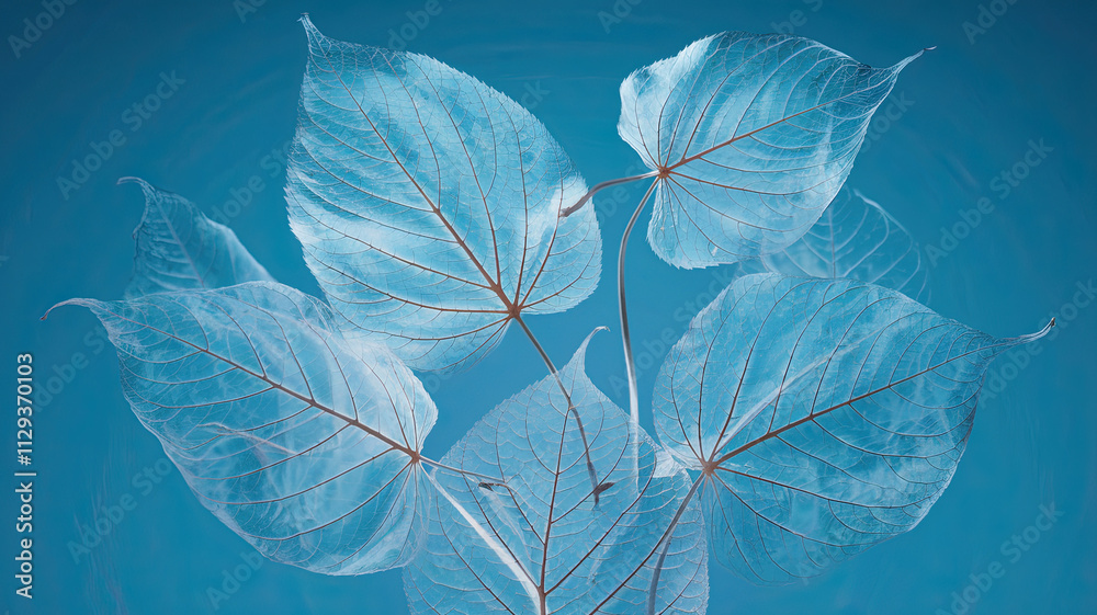 Fototapeta premium Translucent Dried Leaves with Visible Veins and Skeletal Structure Against Vivid Blue Background, Serene and Ethereal Nature Close-Up, Intricate Leaf Details, Nature's Beauty in Decay