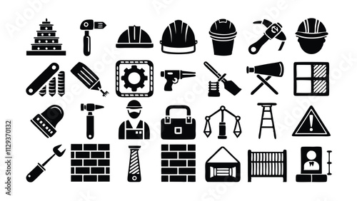 Construction & Building related icon editable stroke outline  set of different types small icons isolated on white background flat vector illustration