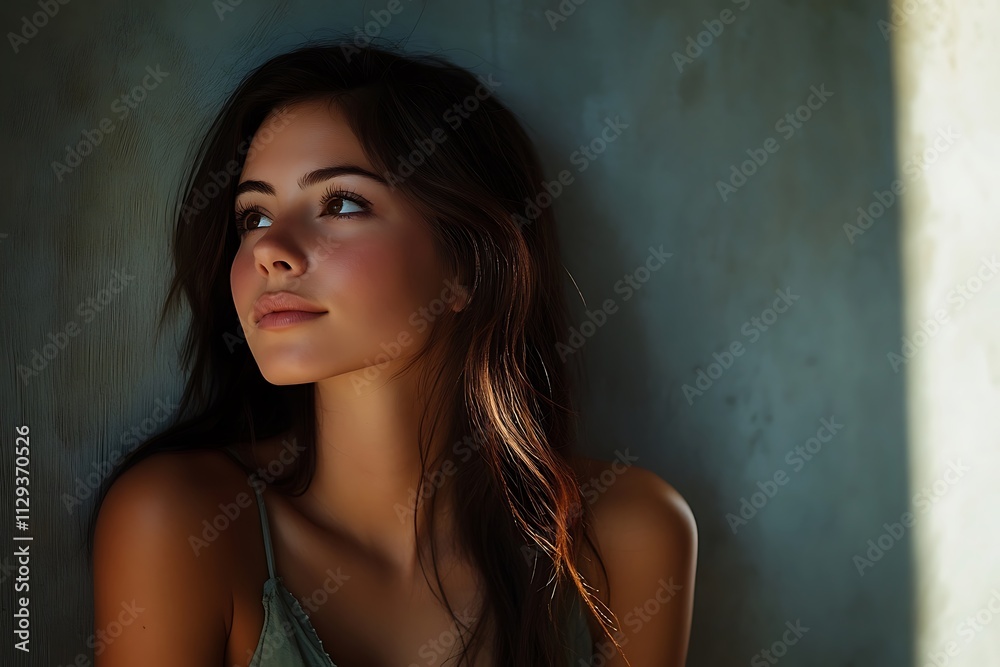 Fototapeta premium Woman Pensive Wall Shadowed Gaze Calm Tan Skin