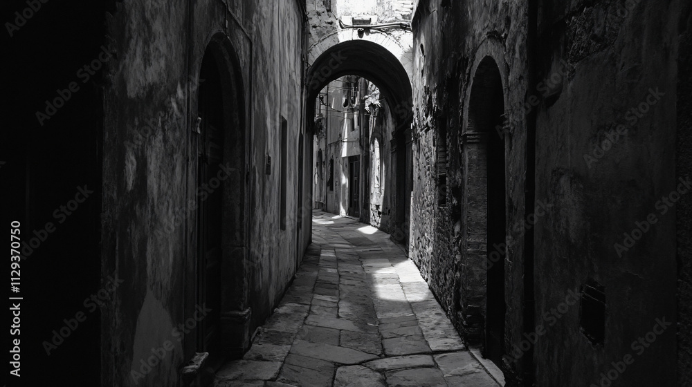 A shadowy alley in an ancient city, where the smell of decay is overwhelming, and the only sound is the distant screech of a door opening on its own. A shadowy alley in an ancient city, where the smell of decay is overwhelming, and the only sound is the distant screech of a door opening on its own.