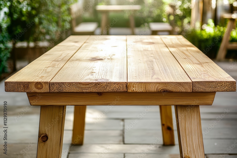 Fototapeta premium Empty wooden table outdoors in sunlight.
