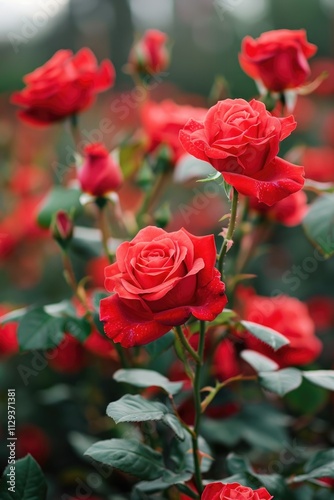 A bouquet of red roses growing in a lush green field