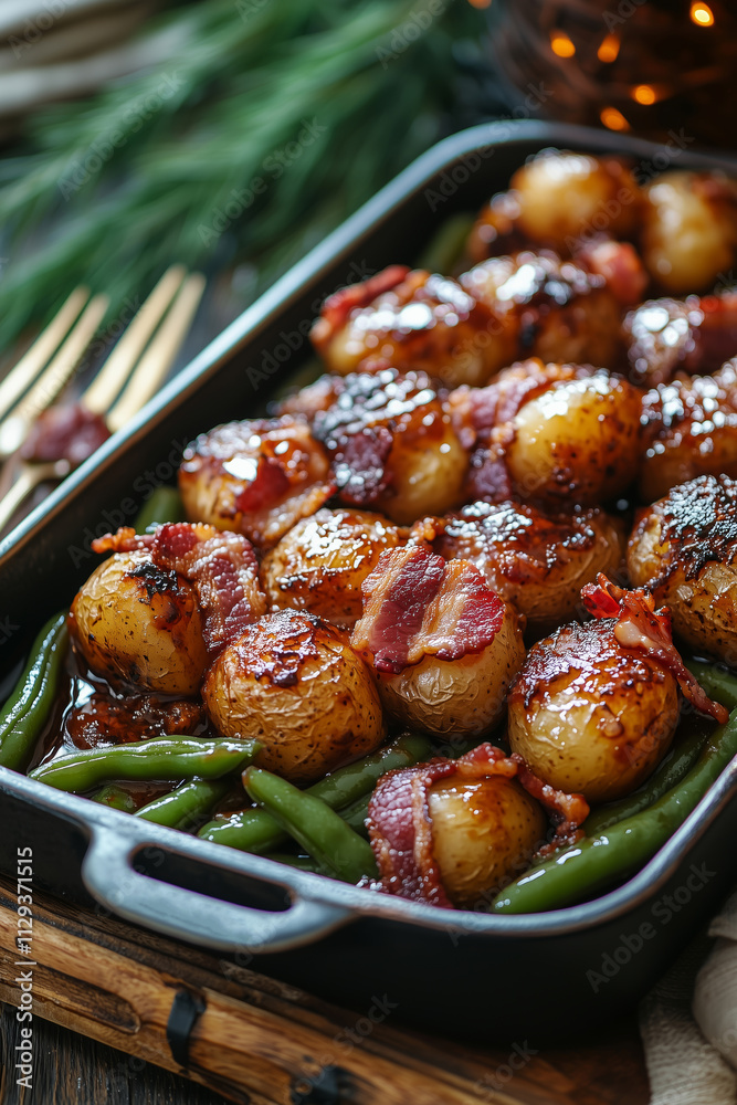 Country ranch green beans and potatoes in a rustic setting with bacon glaze Country ranch green beans and potatoes in a rustic setting with bacon glaze