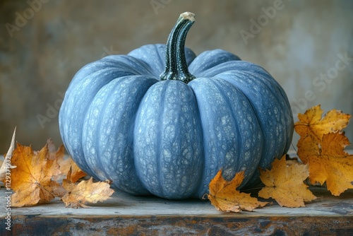 Blue hubbard squash with bluish gray skin on rustic wooden background with autumn leaves