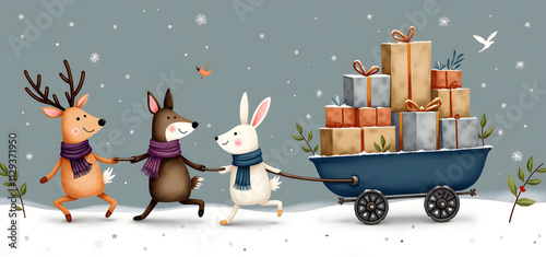 Festive Animals Delivering Christmas Gifts in Winter