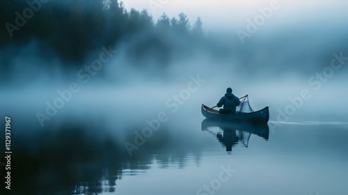 A man is in a canoe on a lake with fog in the background