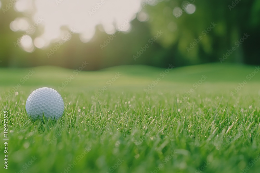 Obraz premium Golf ball resting on lush green grass during a sunny afternoon