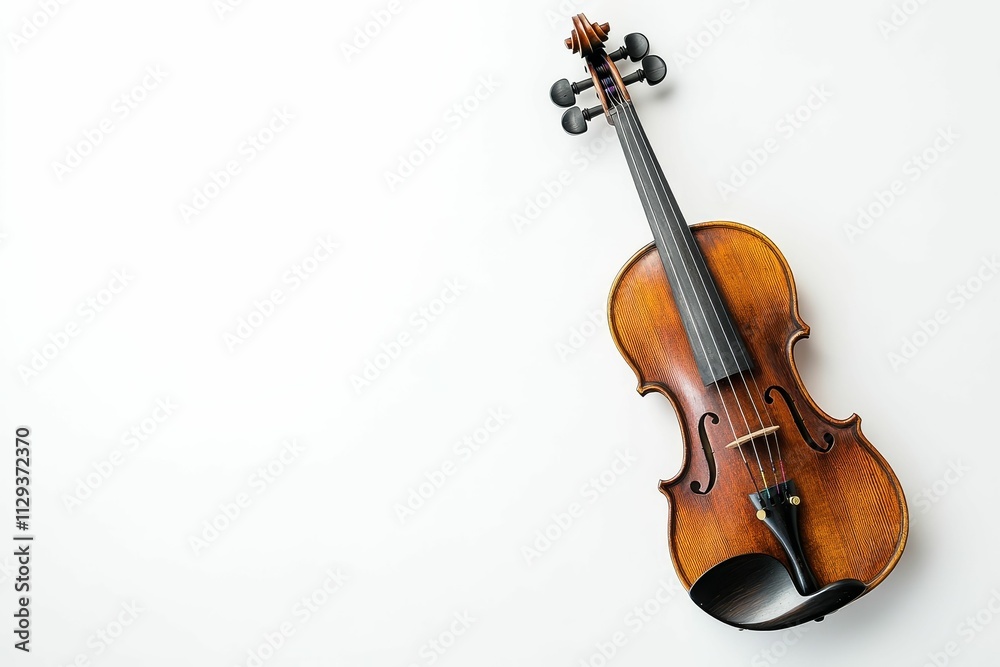 Fototapeta premium Stringed instrument rests on white background.