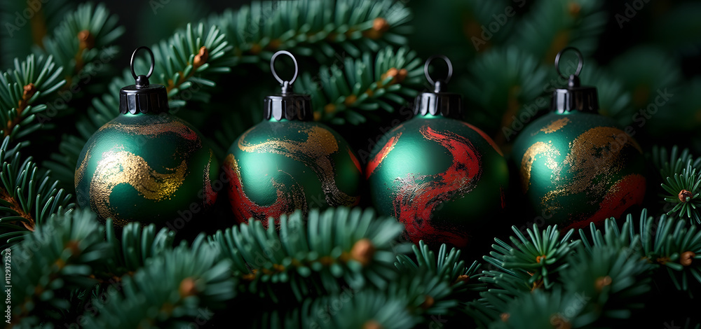 Elegant Green and Gold Christmas Ornaments on Fir Branches Elegant Green and Gold Christmas Ornaments on Fir Branches