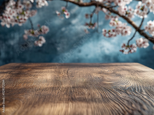 Wooden table, board in foreground. Blue background and cherry blossoms in the background. Template for product demonstration, mock-up. 