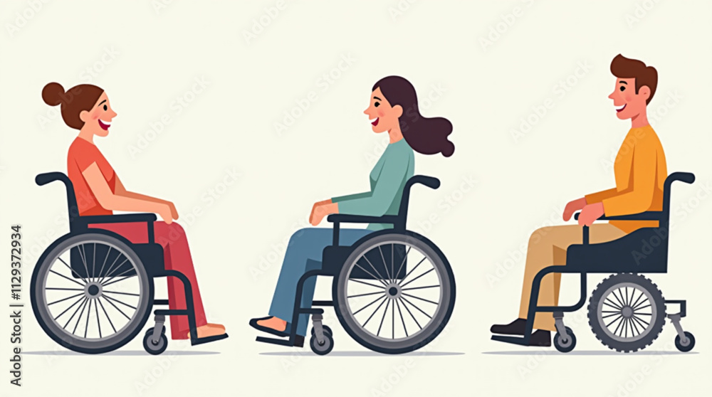 A collection of smiling young people with disabilities in wheelchairs shows diversity, with men and women of different ages and ethnic backgrounds. It is presented as a set of flat vector illustration A collection of smiling young people with disabilities in wheelchairs shows diversity, with men and women of different ages and ethnic backgrounds. It is presented as a set of flat vector illustration