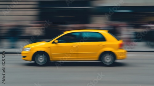 side view of yellow taxi driving through bustling city intersection with blurred pedestrians in background