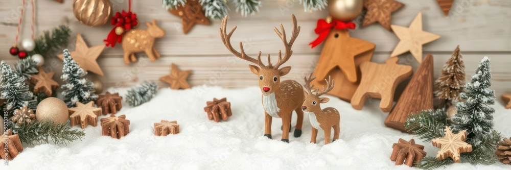 Naklejka premium A festive Christmas card featuring a reindeer family surrounded by wooden decorations, festive