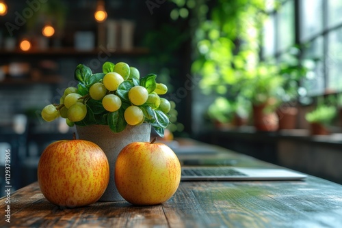 A still life image of two apples resting on a wooden surface photo