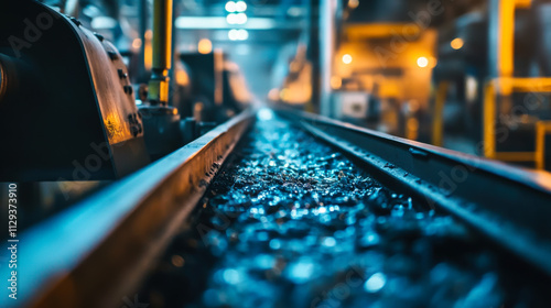 Coal dust settles on train tracks in a factory as machinery operates nearby during a busy evening shift in an industrial setting photo