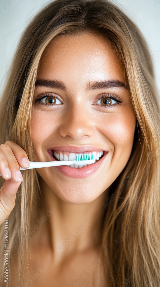Smiling Caucasian woman with long hair brushes her teeth, promoting healthy dental hygiene and vibrant smiles. Smiling Caucasian woman with long hair brushes her teeth, promoting healthy dental hygiene and vibrant smiles.