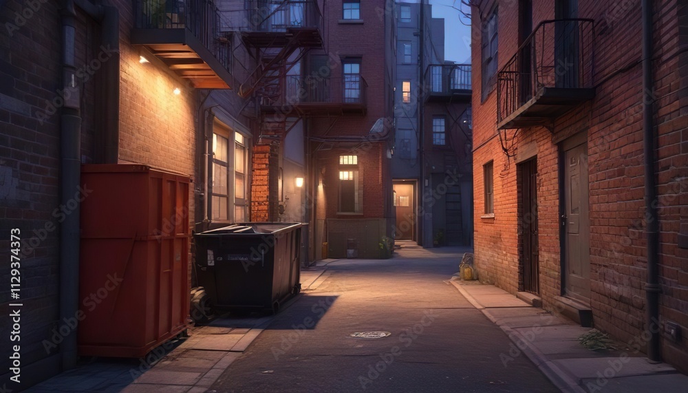 Narrow alleyway with a dumpster and a fire escape at dusk, urban landscape, shadowy atmosphere, dumpster Narrow alleyway with a dumpster and a fire escape at dusk, urban landscape, shadowy atmosphere, dumpster