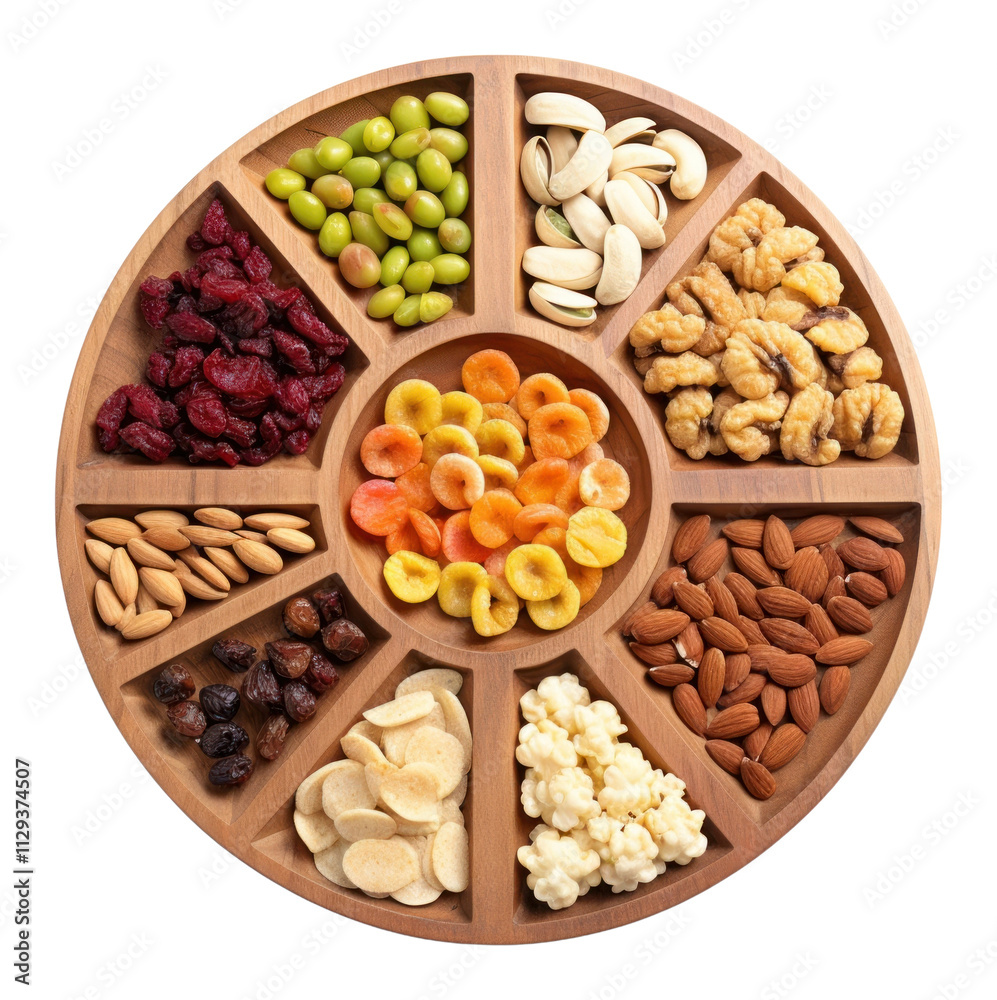 PNG Partition wooden plate with cut fruits and nuts food white background ingredient. PNG Partition wooden plate with cut fruits and nuts food white background ingredient.