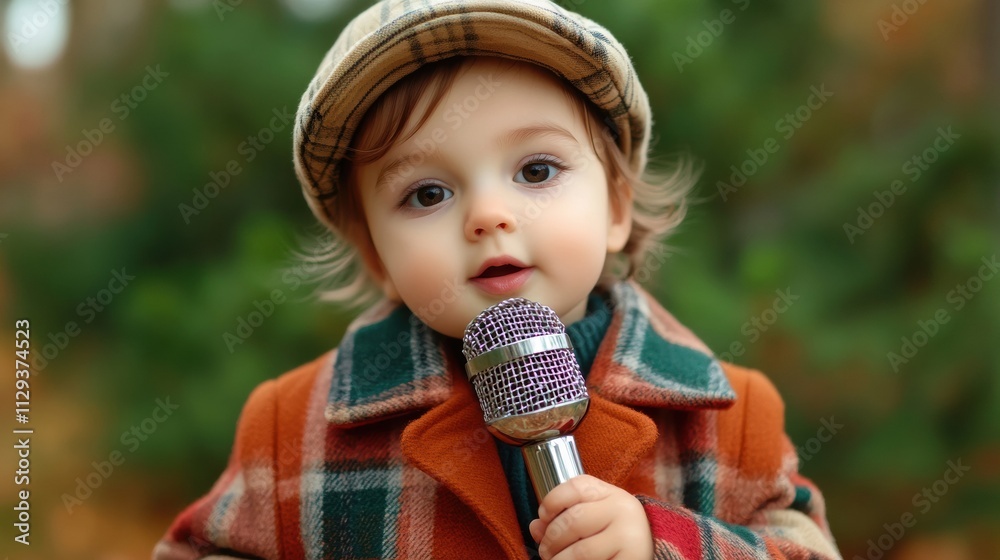 Toddler in plaid coat and cap holds a microphone outdoors, AI Toddler in plaid coat and cap holds a microphone outdoors, AI