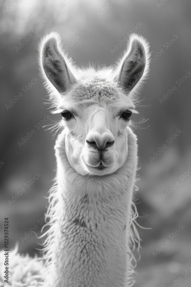 Obraz premium A close-up image of a llama's face in black and white