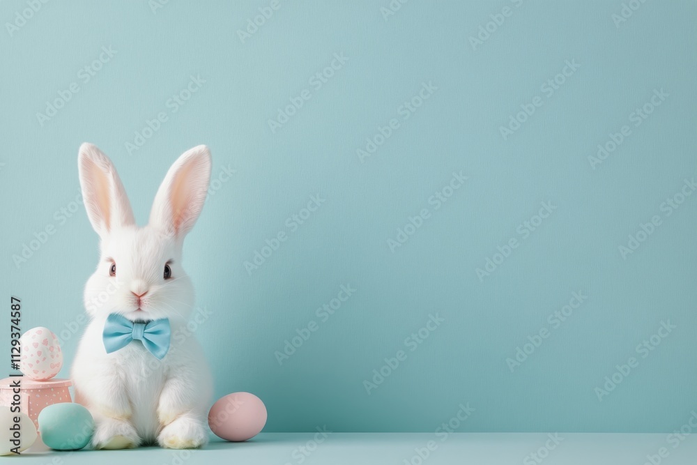 Cute white rabbit with blue bow tie sitting on yellow background Cute white rabbit with blue bow tie sitting on yellow background