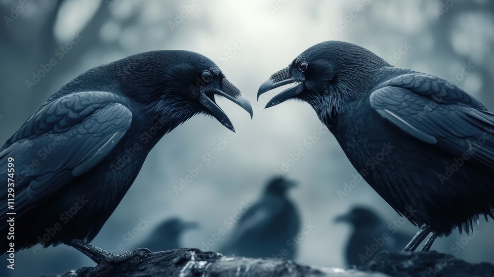 Obraz premium Two crows engage in a lively conversation on a misty morning, AI