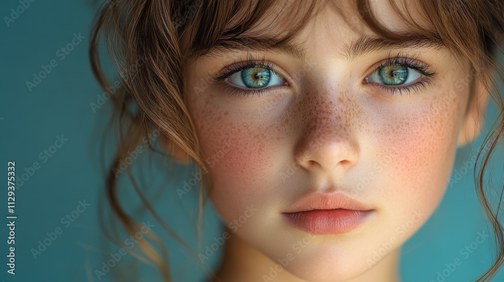 A close-up portrait of a young girl with noticeable freckles on her face A close-up portrait of a young girl with noticeable freckles on her face