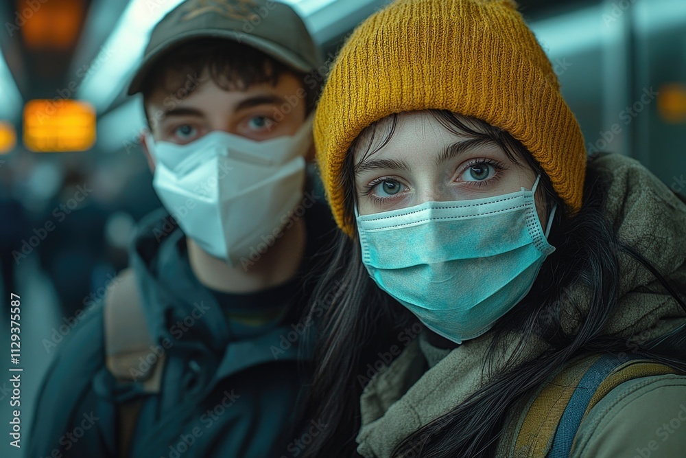 A pair of people wearing protective face masks outdoors, possibly during a pandemic or public health crisis A pair of people wearing protective face masks outdoors, possibly during a pandemic or public health crisis