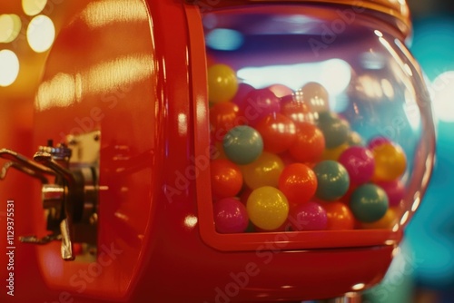 A colorful gum ball machine filled with various gumballs, perfect for a candy store or kid's party