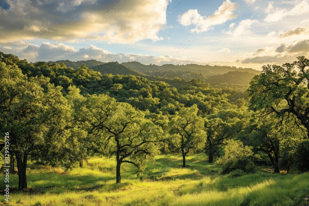 Serene Lush Green Landscape with Illuminated Trees Serene Lush Green Landscape with Illuminated Trees