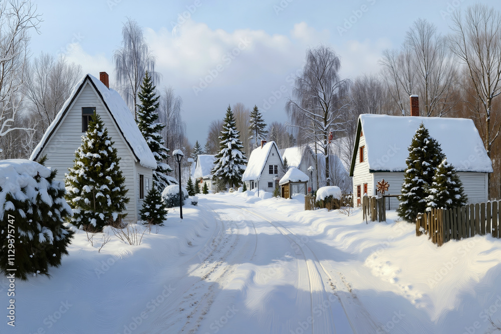 Naklejka premium A snowy street lined with houses and trees in a small town