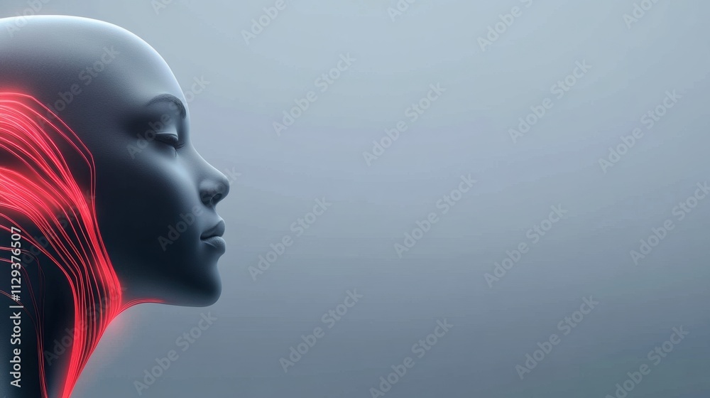 Futuristic profile of a human head with glowing red lines on a gray background, AI Futuristic profile of a human head with glowing red lines on a gray background, AI