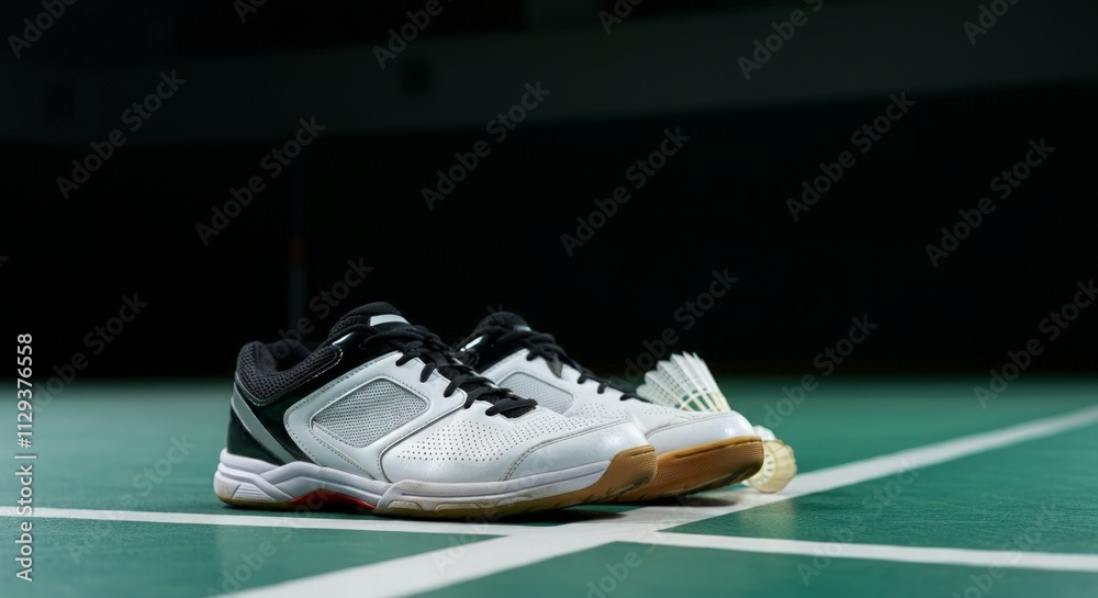 A focused close-up of badminton shoes positioned just behind the baseline, capturing the moment before the first serve—symbolizing readiness, agility, and precision