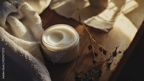 Luxurious moisturizing cream for dry skin on wooden table with dried plants in soft light photo