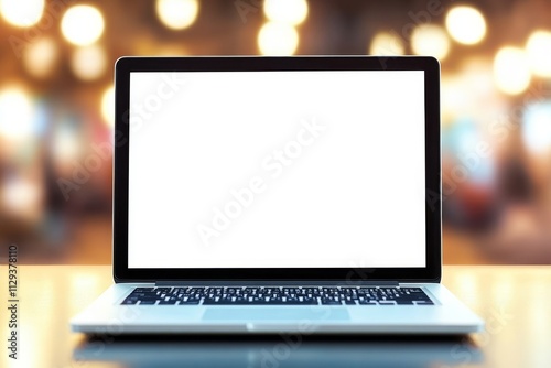 Laptop with blank screen on table at night.