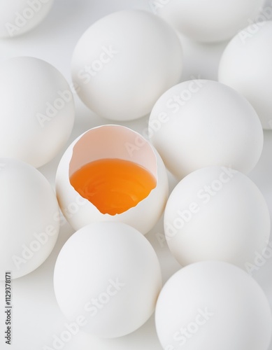 Broken white egg, revealing orange yolk among whole eggs on a white surface. Minimalistic food composition. Close-up photography for design and culinary concepts. photo