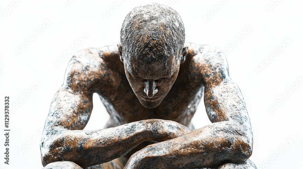 Bronze statue; pensive, muscular figure, seated. Bronze statue; pensive, muscular figure, seated.