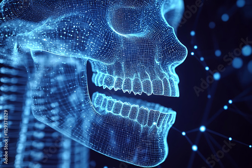Wallpaper Mural A glowing wireframe depiction of a human jaw on a translucent background, illuminated by interconnected blue and black data points, symbolizing advanced medical and digital technology.

 Torontodigital.ca