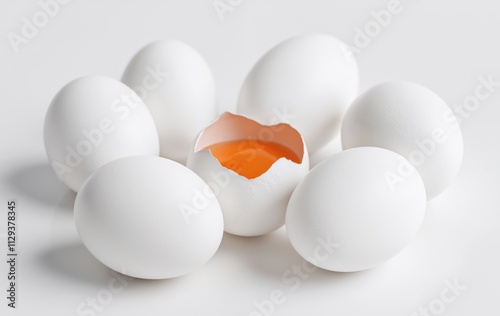 Broken white egg, revealing orange yolk among whole eggs on a white surface. Minimalistic food composition. Close-up photography for design and culinary concepts. photo