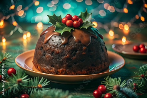 Christmas pudding adorned with icing, berries and holly leaves. Traditional festive dessert photo