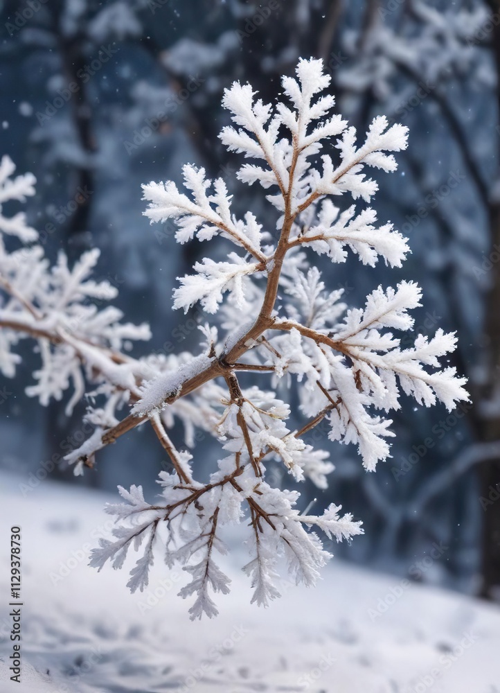 Snowy branch covered in delicate white snowflakes, serene, snowy branch Snowy branch covered in delicate white snowflakes, serene, snowy branch